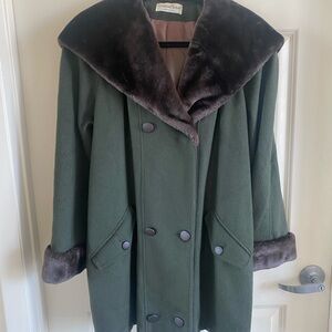 Vintage Women's Green Wool Hooded Coat with Faux Fur medium made in USA
